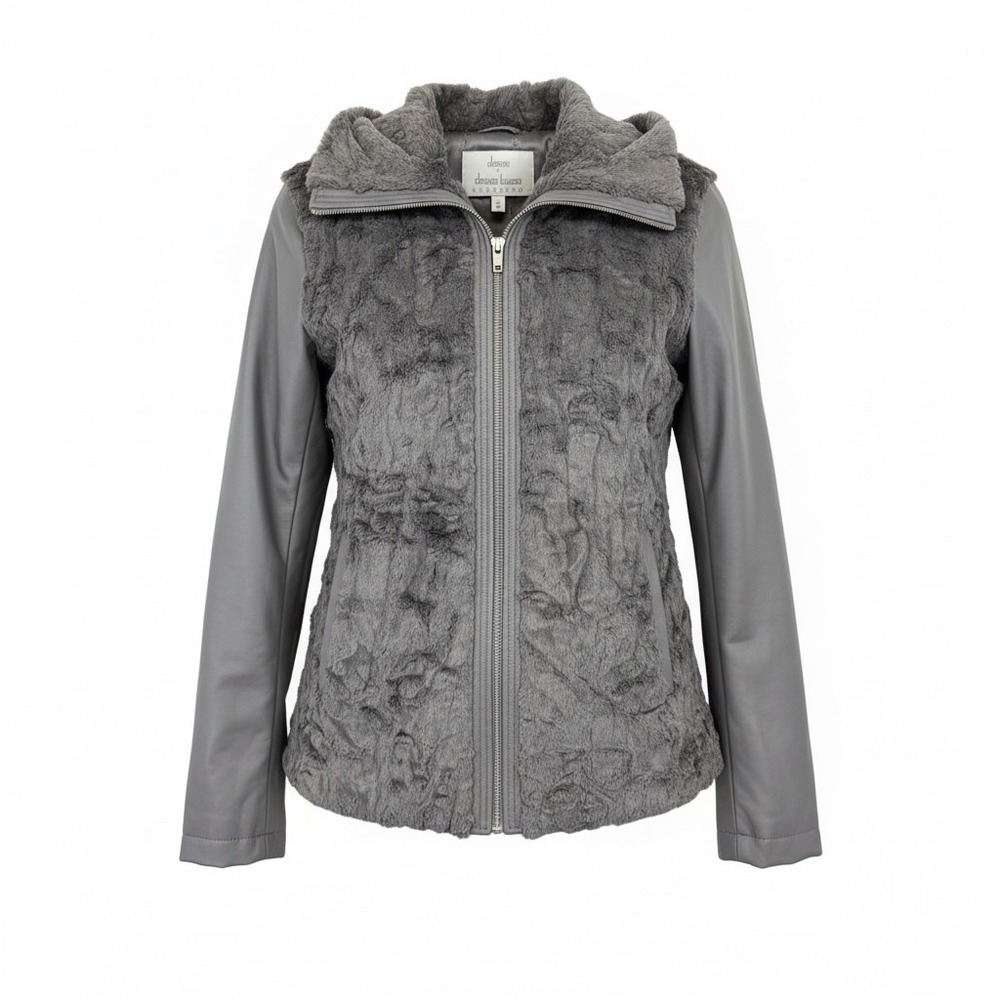 Dennis Basso Sterling Faux Fur Leather Moto Jacket Convertible Vest Grey XS